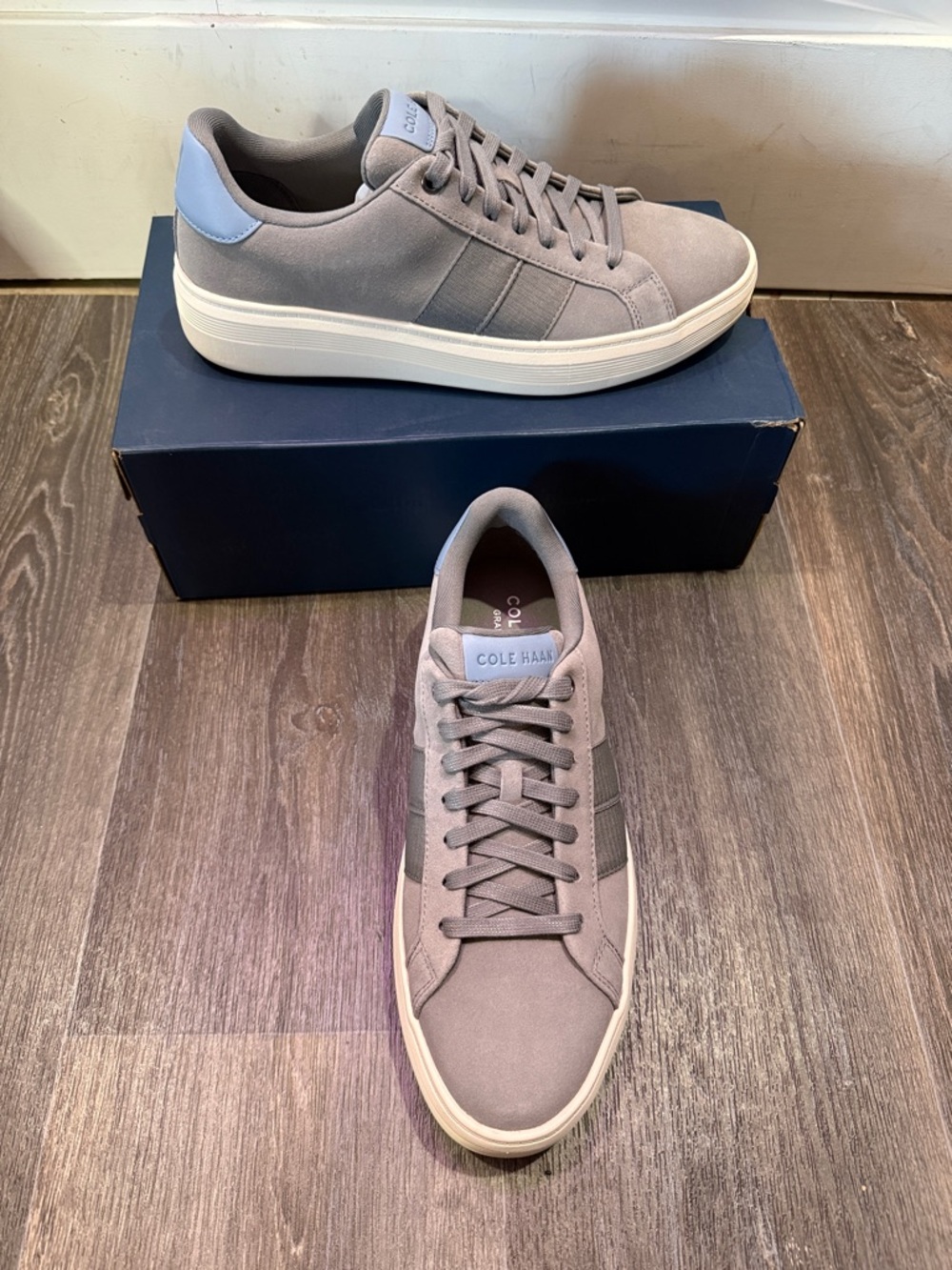 Cole Haan Men’s Crosscourt Premier sneaker in sea stone suede/faded denim 10.5